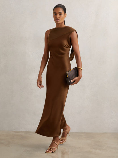 Reiss Petite Back Detail Midi Dress in Bronze