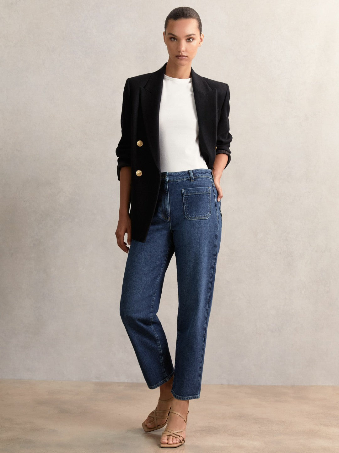 Reiss Petite Straight Leg Patch Pocket Jeans in Mid Blue
