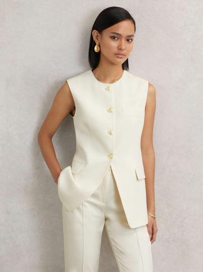 Reiss High-Neck Longline Waistcoat in Cream