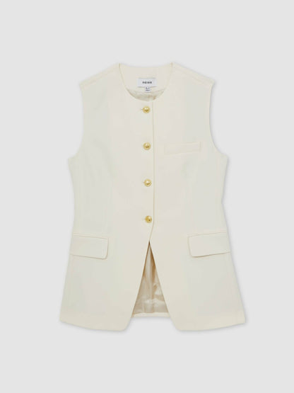 Reiss High-Neck Longline Waistcoat in Cream