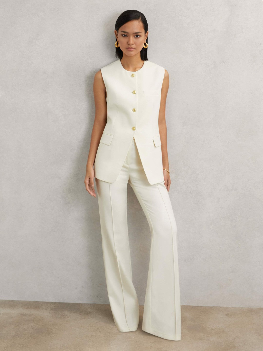 Reiss High-Neck Longline Waistcoat in Cream