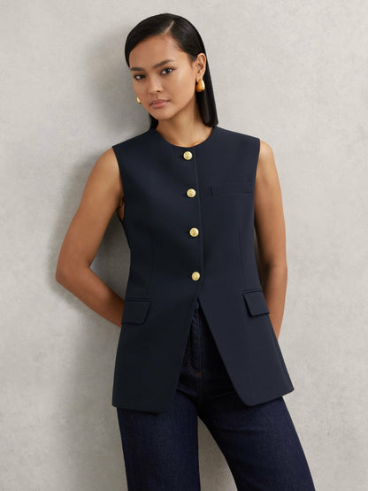 Reiss High-Neck Longline Waistcoat in Navy