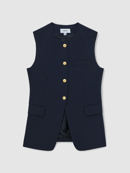Reiss High-Neck Longline Waistcoat in Navy
