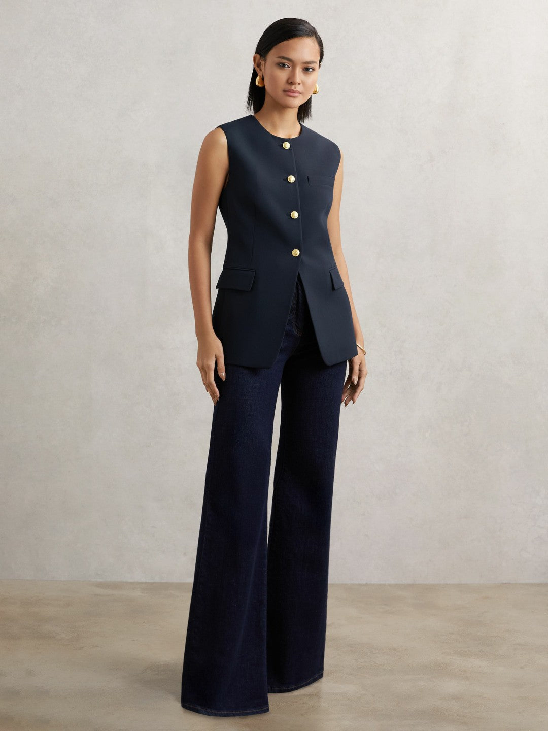 Reiss High-Neck Longline Waistcoat in Navy