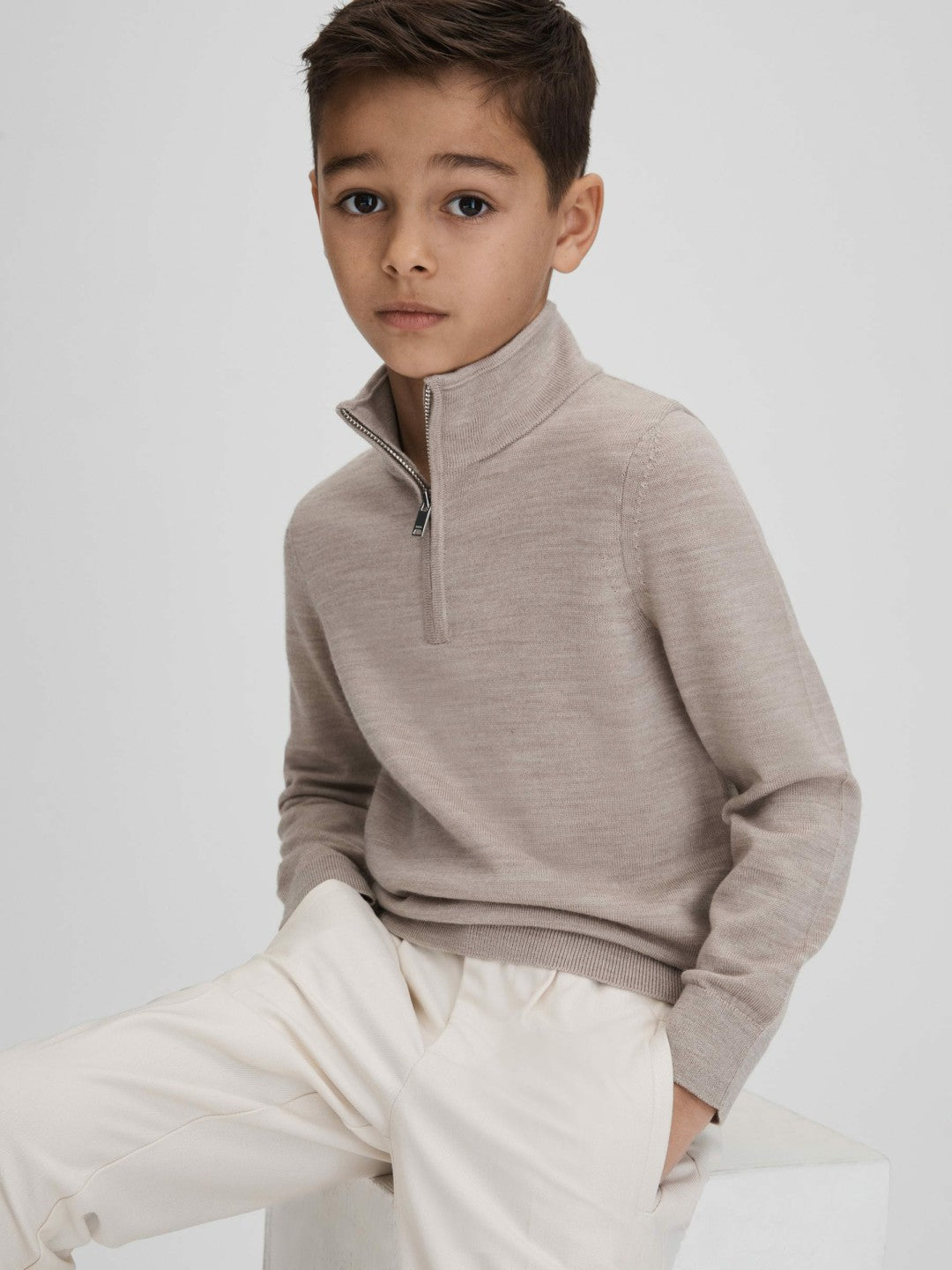 Reiss 3-9 yrs Wool Half-Zip Funnel Neck Jumper in Wheat Melange