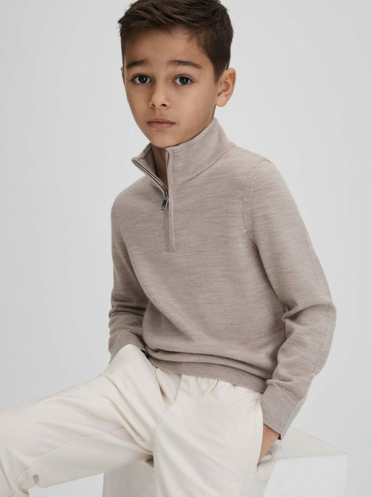 Reiss 3-9 yrs Wool Half-Zip Funnel Neck Jumper in Wheat Melange
