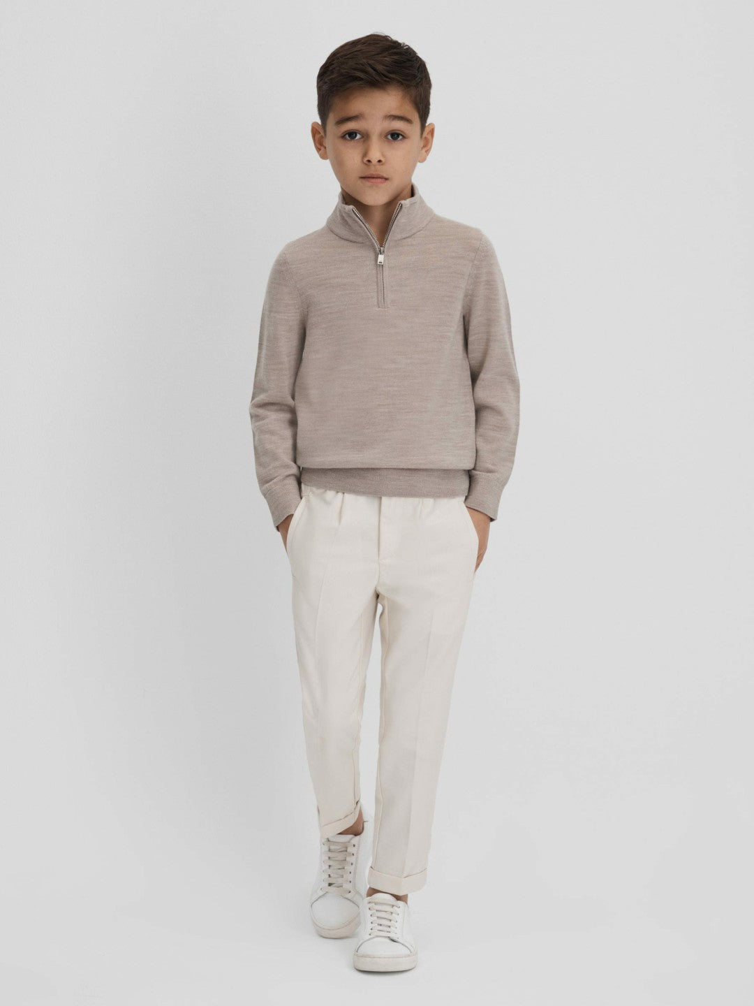 Reiss 3-9 yrs Wool Half-Zip Funnel Neck Jumper in Wheat Melange