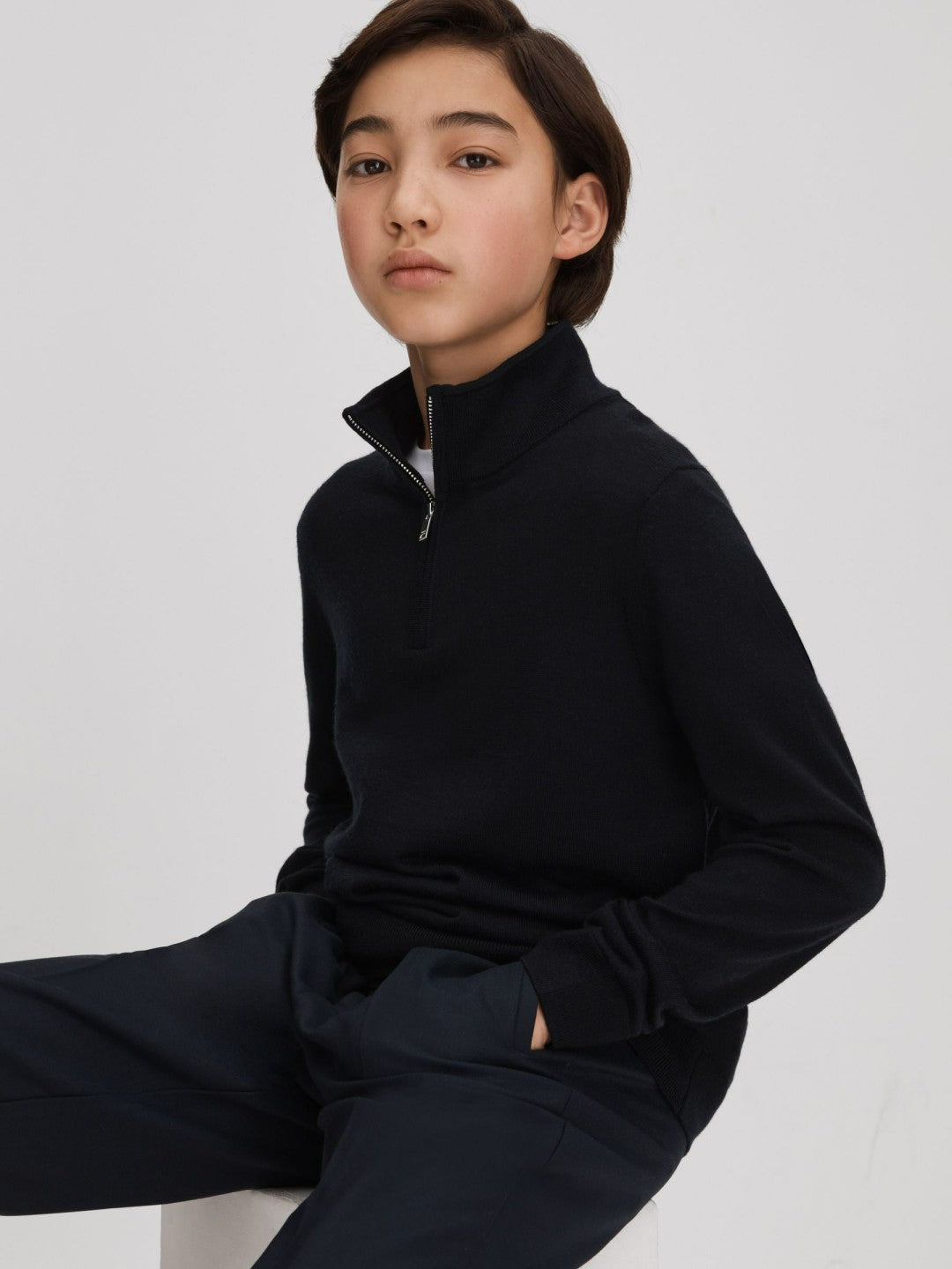 Reiss 9-13 yrs Wool Half-Zip Funnel Neck Jumper in Navy