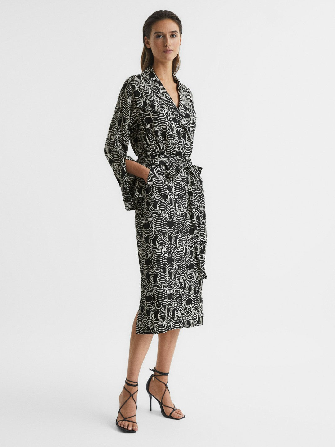 Reiss Swirl Print Midi Dress in Black/Cream