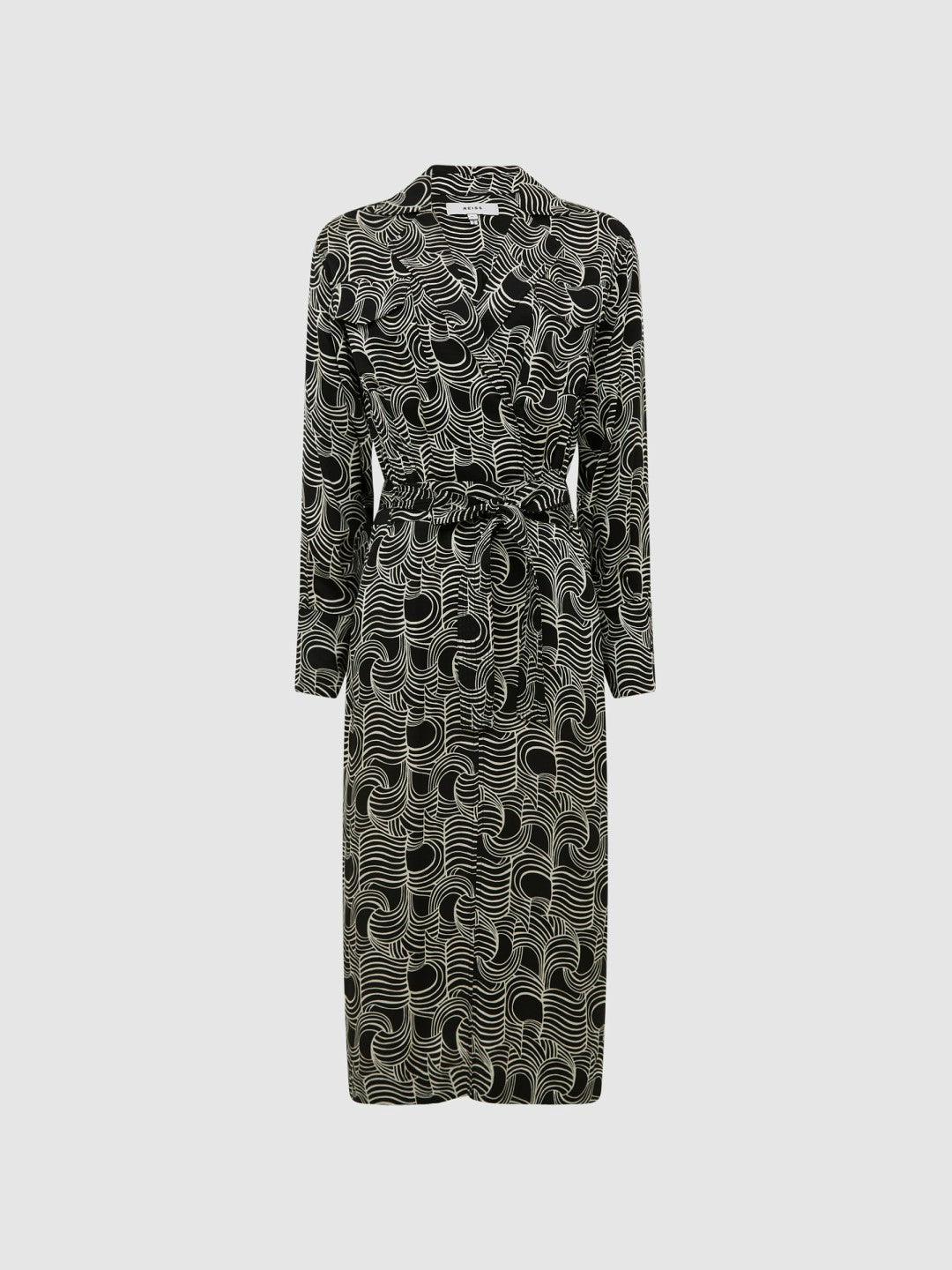 Reiss Swirl Print Midi Dress in Black/Cream