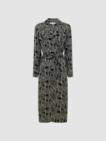 Reiss Swirl Print Midi Dress in Black/Cream