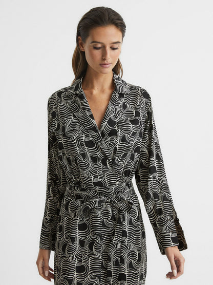 Reiss Swirl Print Midi Dress in Black/Cream