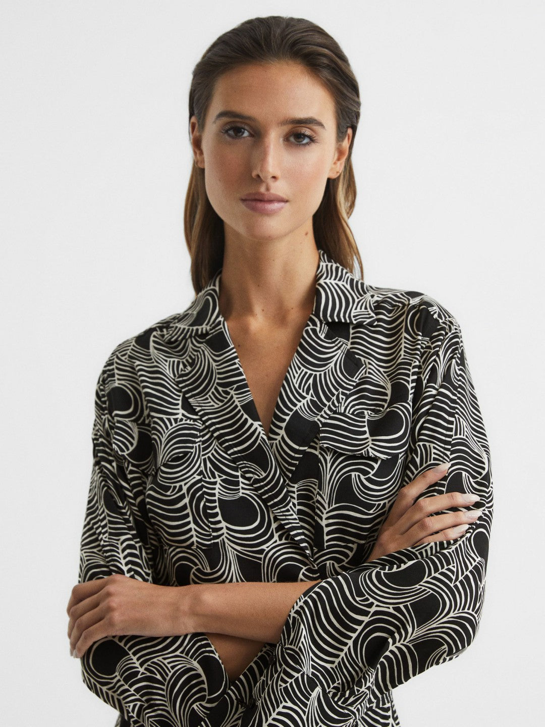 Reiss Swirl Print Midi Dress in Black/Cream