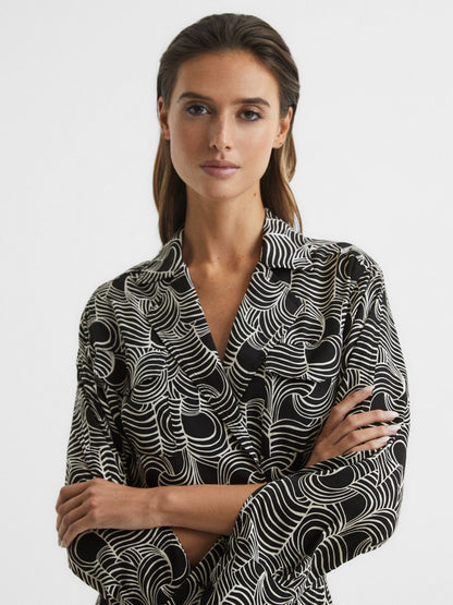 Reiss Swirl Print Midi Dress in Black/Cream