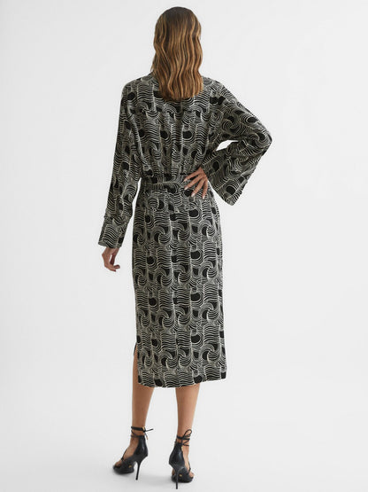 Reiss Swirl Print Midi Dress in Black/Cream