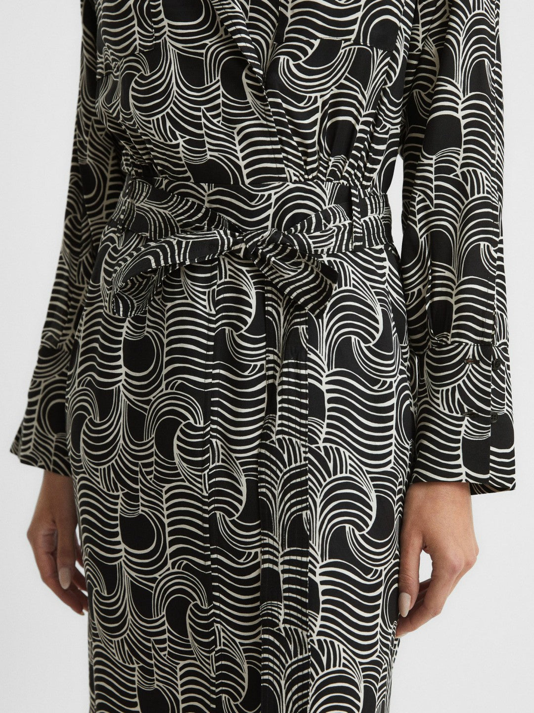 Reiss Swirl Print Midi Dress in Black/Cream