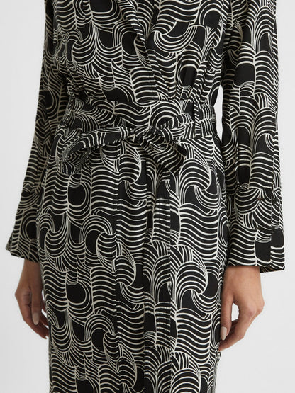 Reiss Swirl Print Midi Dress in Black/Cream