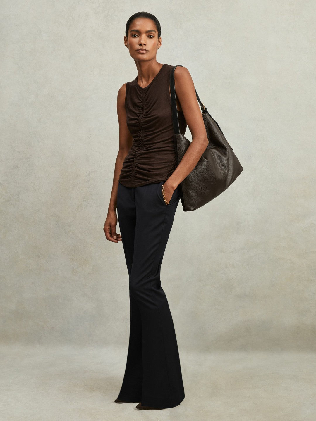 Reiss Petite Wool-Blend Tailored Flared Suit Trousers in Navy