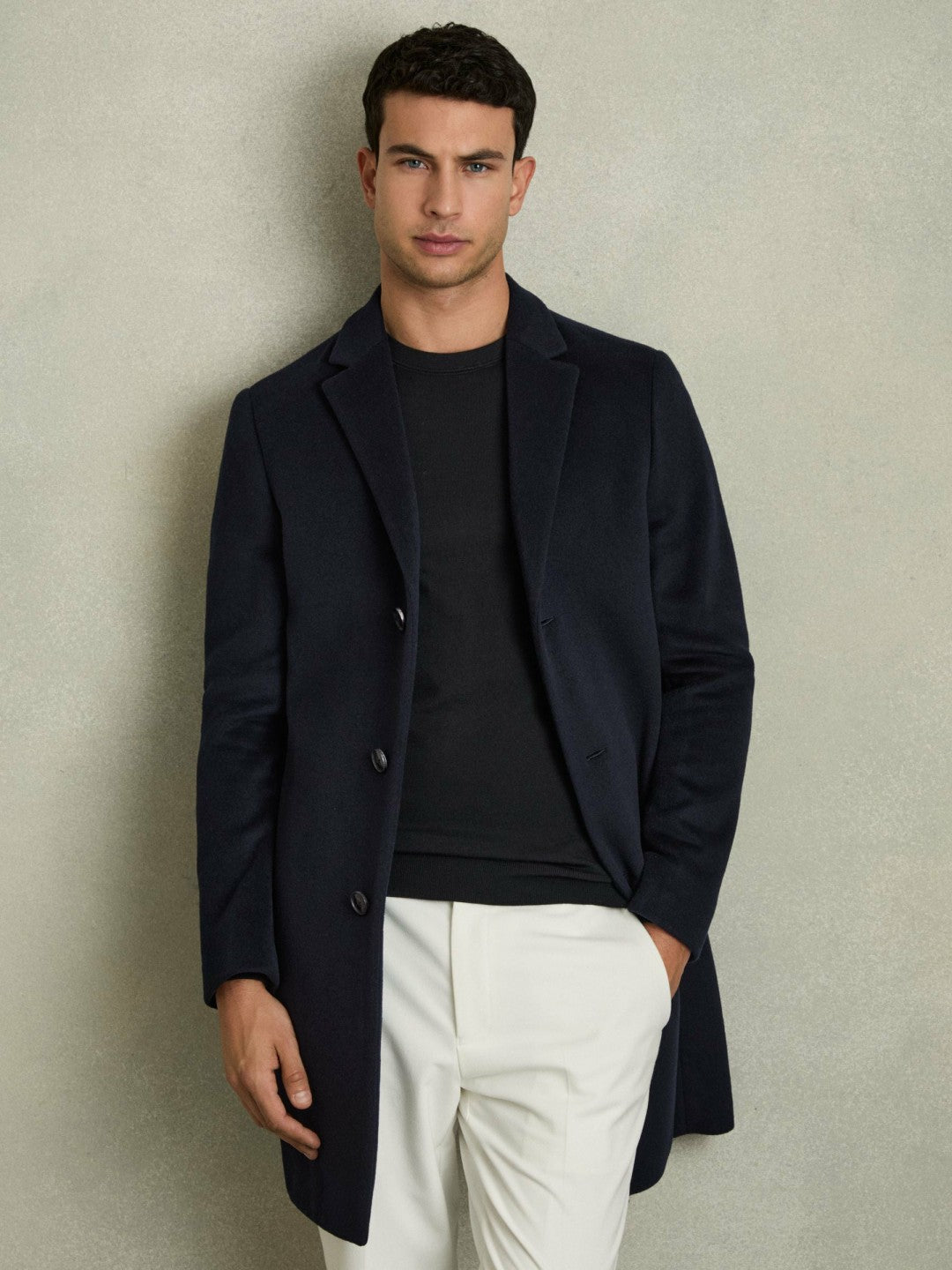 Reiss Wool Blend Single Breasted Epsom Overcoat in Navy