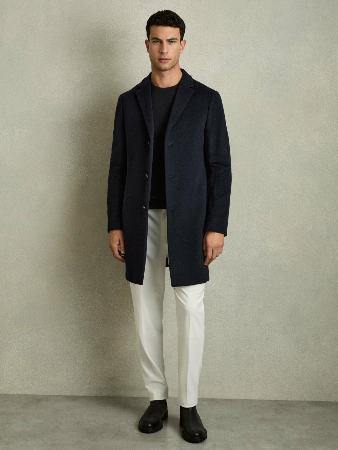 Reiss Wool Blend Single Breasted Epsom Overcoat in Navy