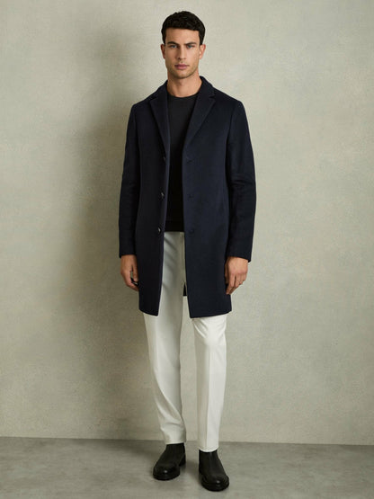 Reiss Wool Blend Single Breasted Epsom Overcoat in Navy