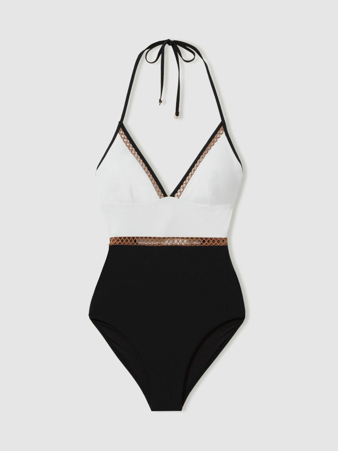 Reiss Colourblock Halter Swimsuit in White/Tan