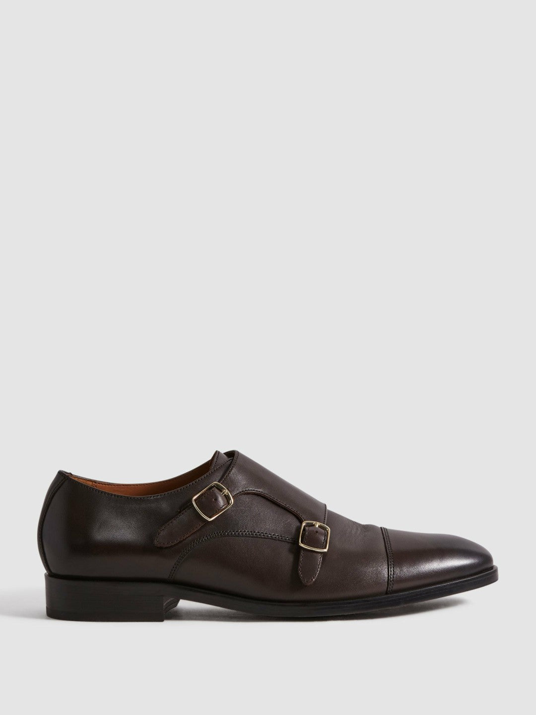 Reiss Leather Double Monk Strap Shoes in Dark Brown
