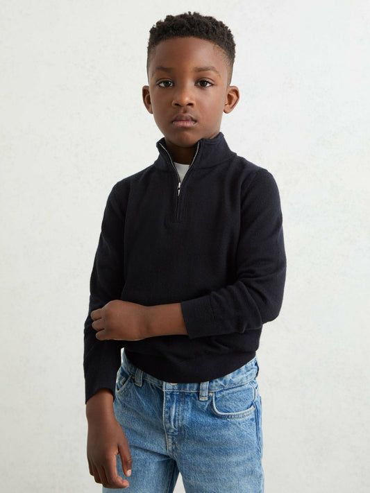 Reiss 3-9 yrs Merino Wool Half-Zip Funnel Neck Jumper in Navy