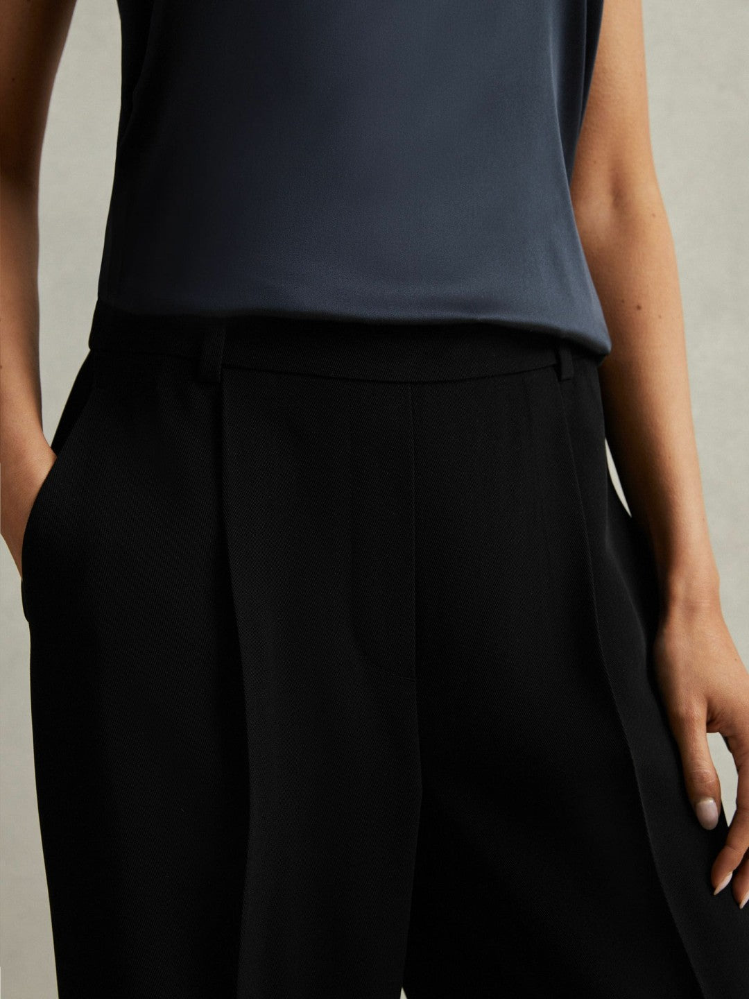 Reiss Petite Half-Elasticated Wide Leg Trousers in Black