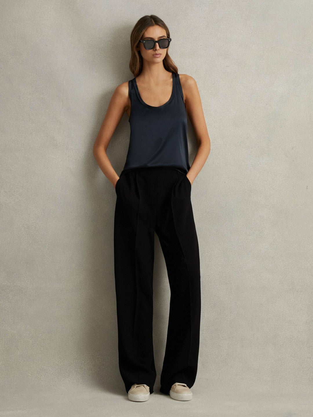 Reiss Petite Half-Elasticated Wide Leg Trousers in Black