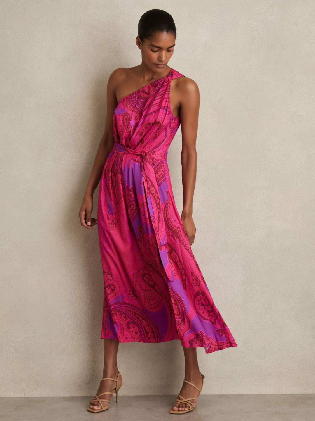 Reiss Paisley-Print One-Shoulder Midi Dress in Pink