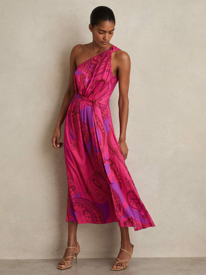 Reiss Paisley-Print One-Shoulder Midi Dress in Pink