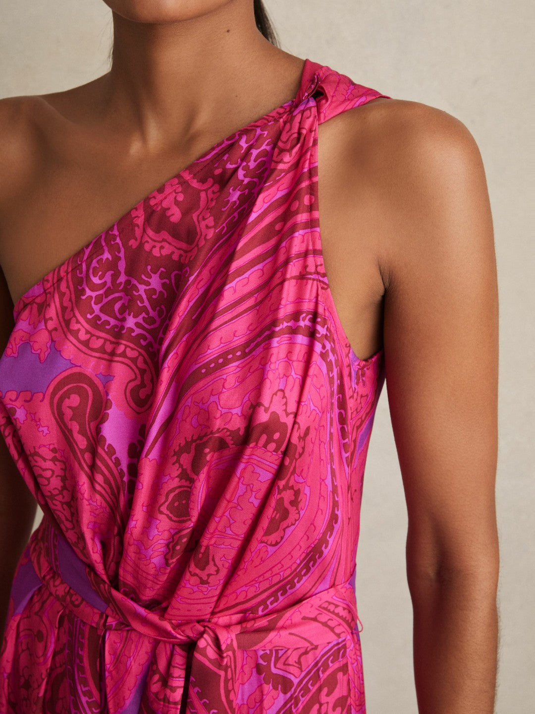 Reiss Paisley-Print One-Shoulder Midi Dress in Pink