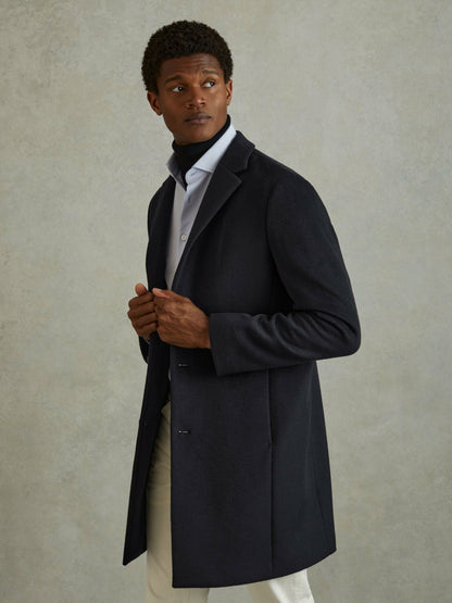 Reiss Wool Blend Single Breasted Epsom Overcoat in Navy
