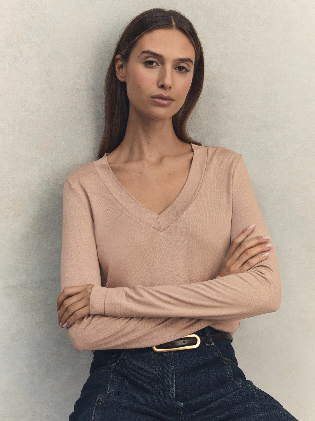 Reiss Jersey V-Neck Top in Camel
