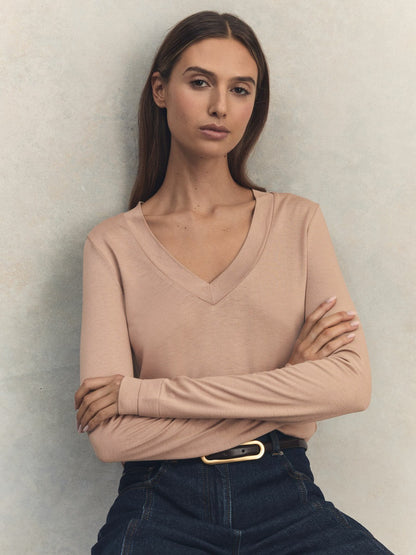 Reiss Jersey V-Neck Top in Camel