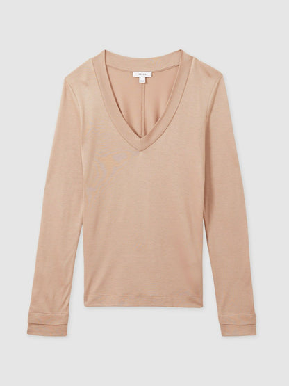 Reiss Jersey V-Neck Top in Camel