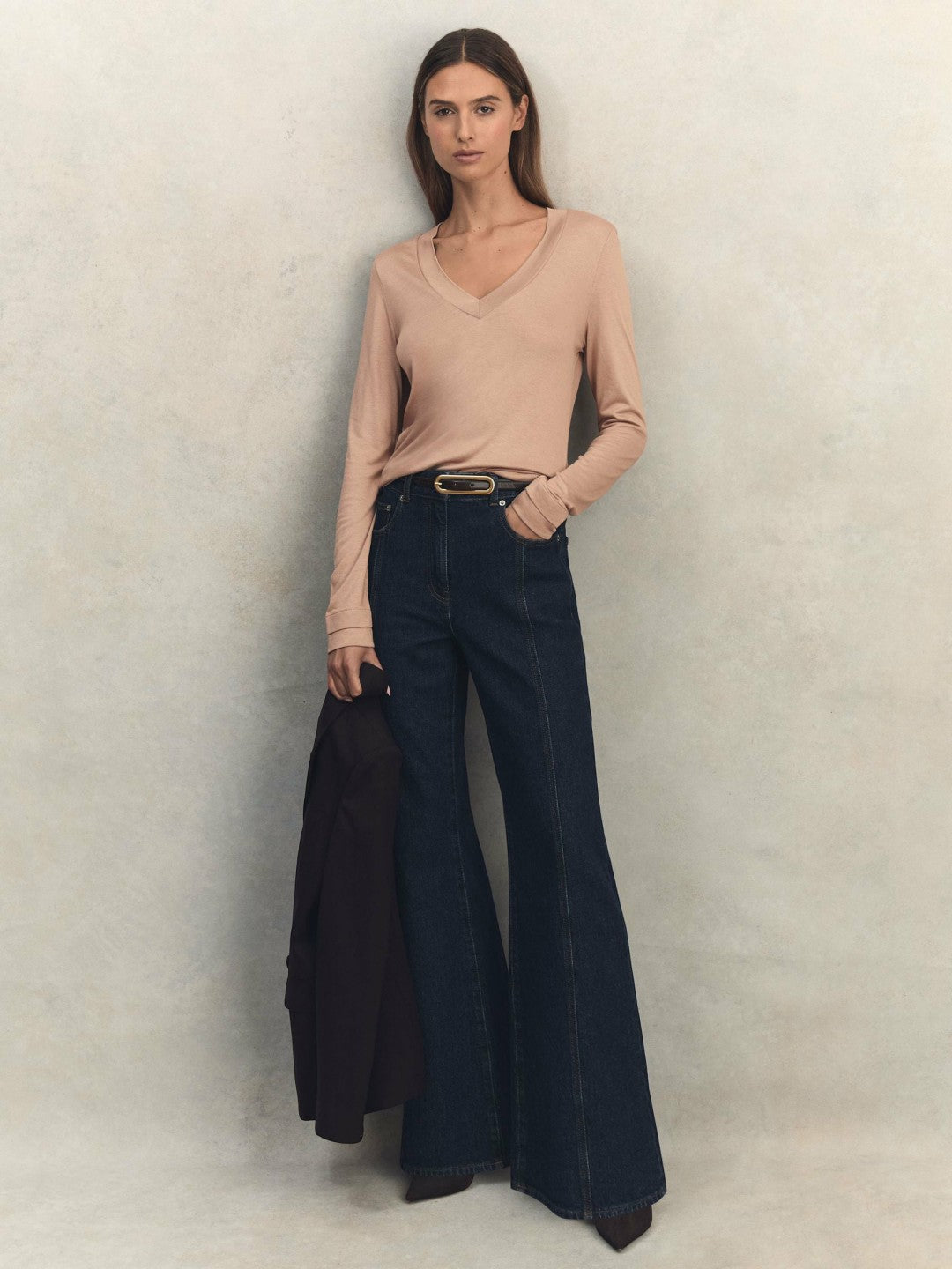 Reiss Jersey V-Neck Top in Camel