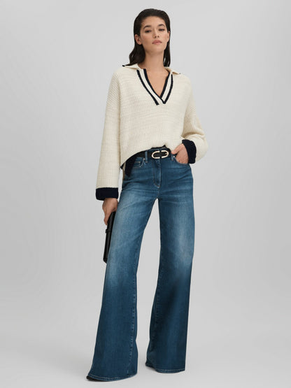 Reiss Wool Blend Open Collar Jumper in Cream/Navy