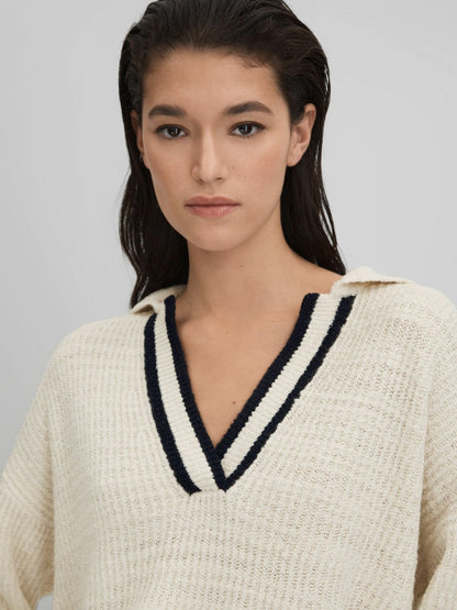 Reiss Wool Blend Open Collar Jumper in Cream/Navy