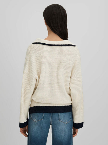 Reiss Wool Blend Open Collar Jumper in Cream/Navy
