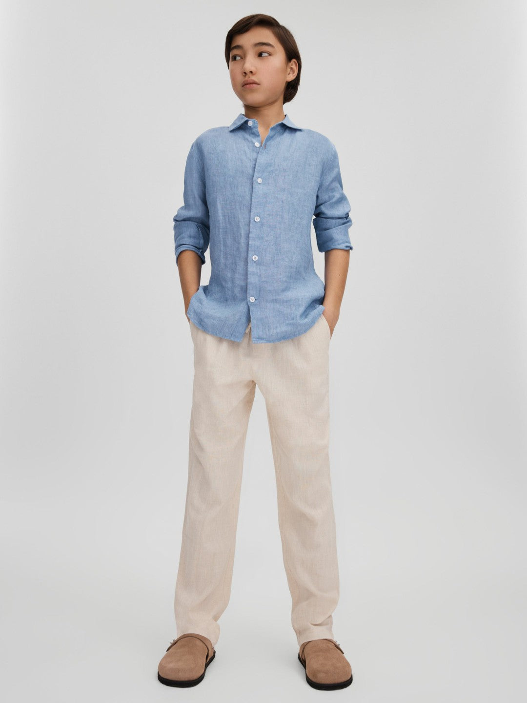 Reiss 3-9 yrs Striped Linen Cutaway Collar Shirt in Sky Blue