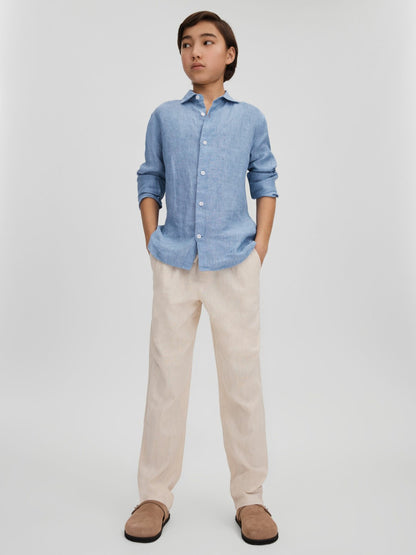 Reiss 3-9 yrs Striped Linen Cutaway Collar Shirt in Sky Blue