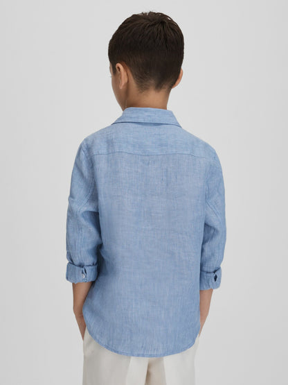 Reiss 3-9 yrs Striped Linen Cutaway Collar Shirt in Sky Blue