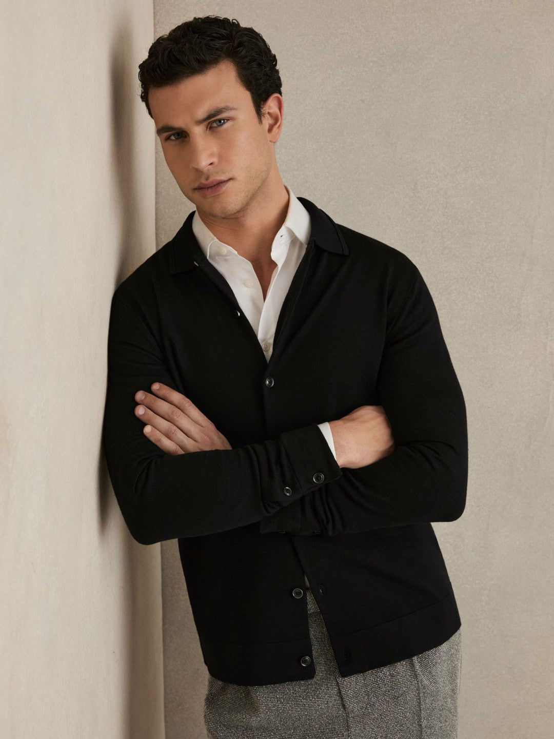 Reiss Merino Wool Button-Through Cardigan in Black