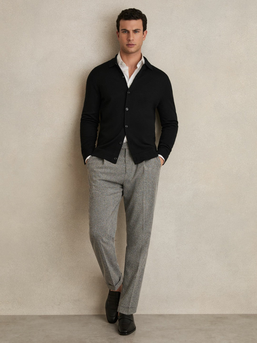Reiss Merino Wool Button-Through Cardigan in Black