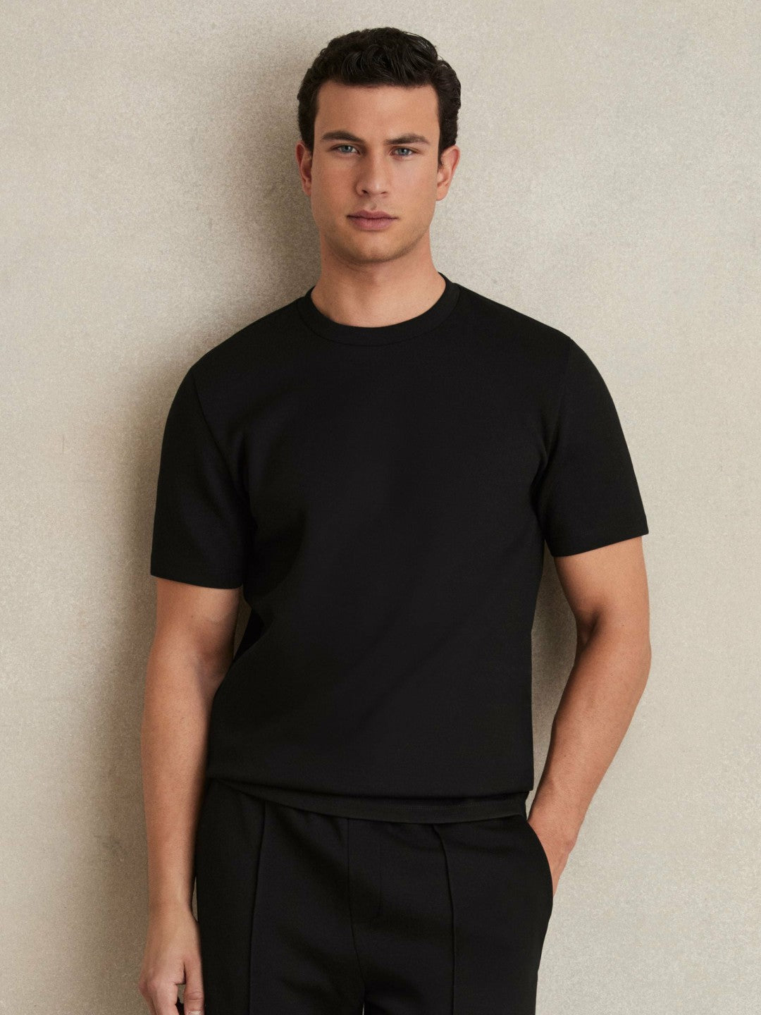 Reiss Interlock Jersey Crew Neck T-Shirt in Black