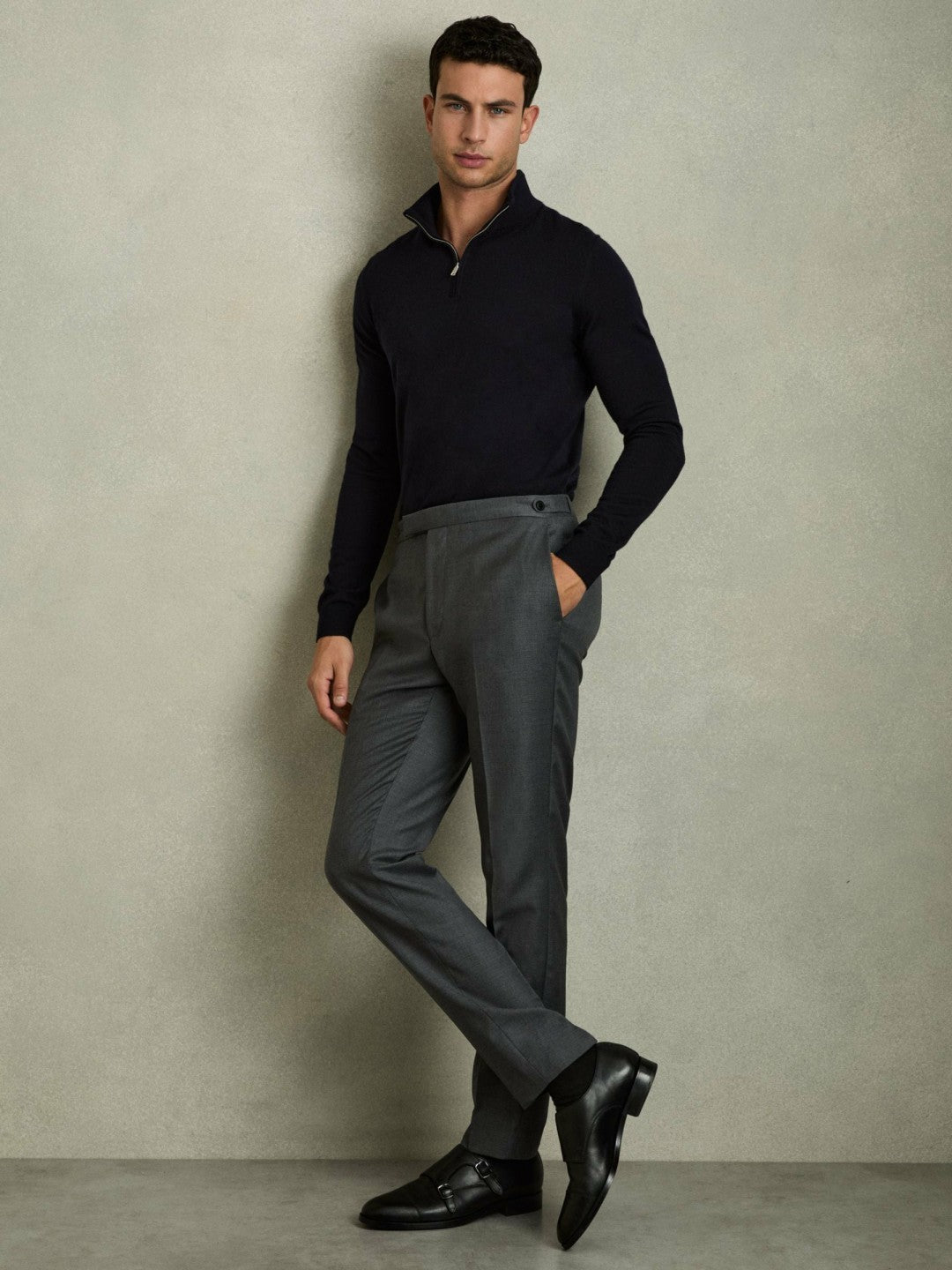 Reiss Merino Wool Half-Zip Jumper in Navy