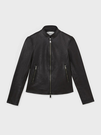 Reiss Leather Collarless Biker Jacket in Black