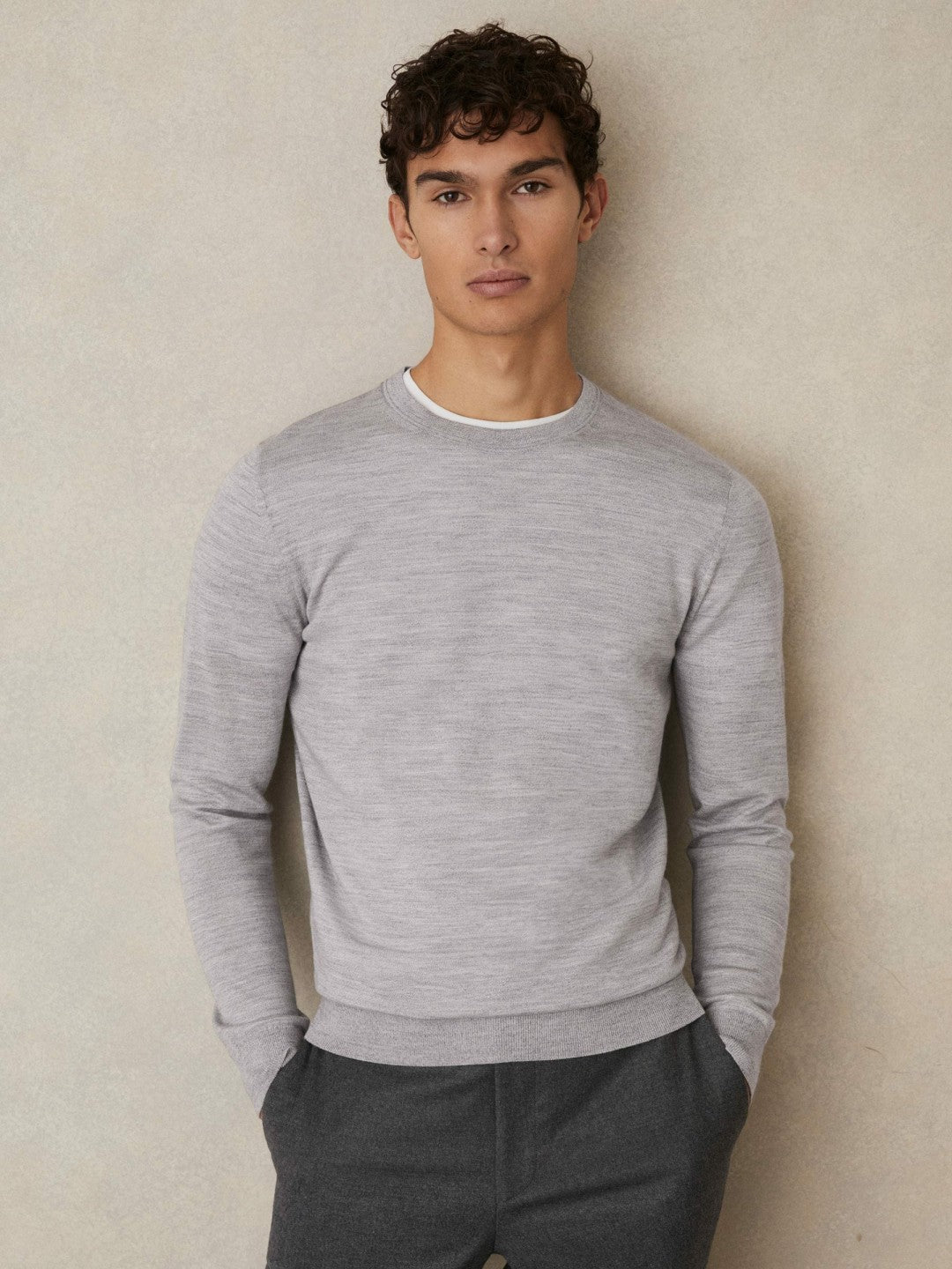 Reiss Merino Wool Crew Neck Jumper in Soft Grey Mouline